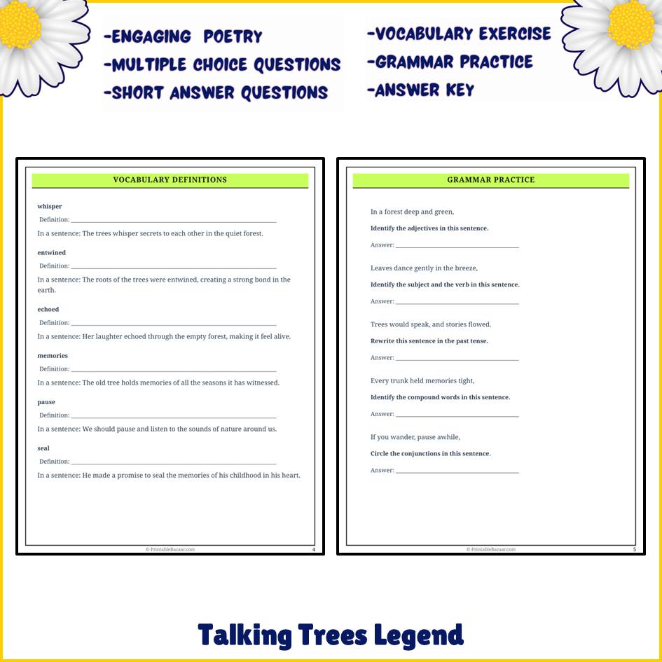 Talking Trees Legend | Poem Grammar Worksheet Printable Activity