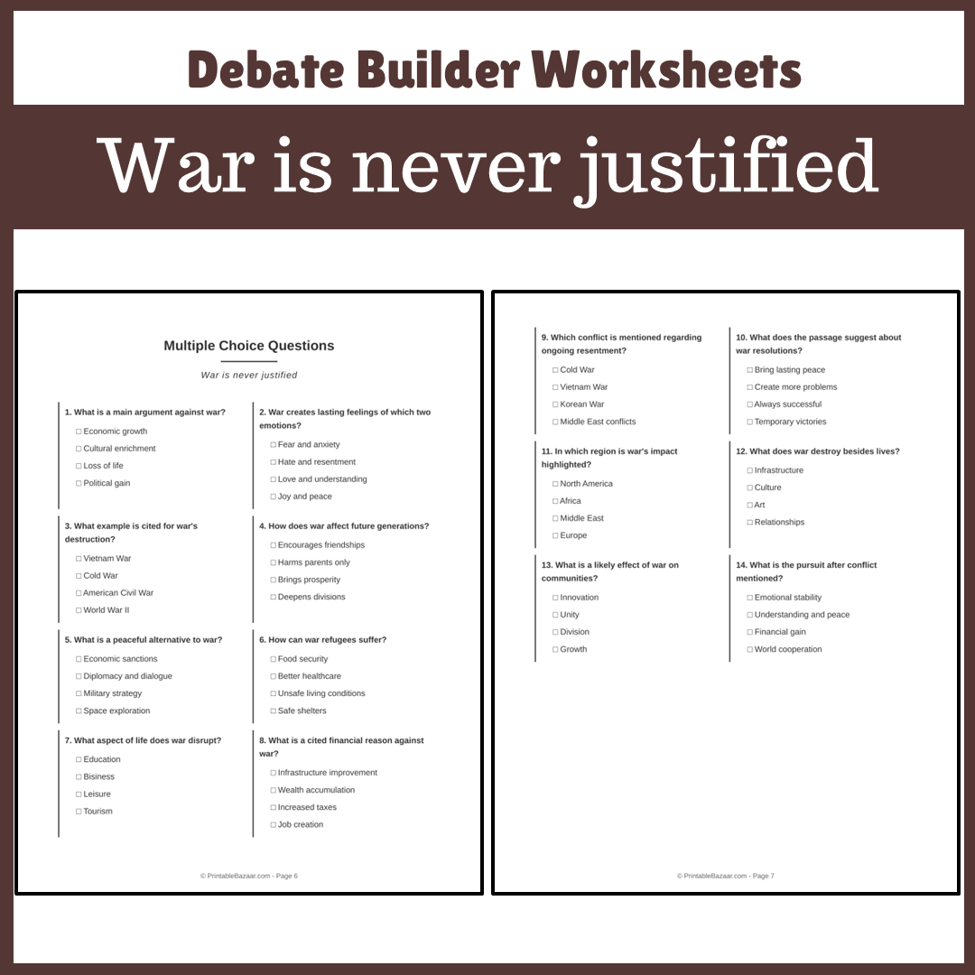 War is never justified | Favour and Against Worksheet Printable Activity