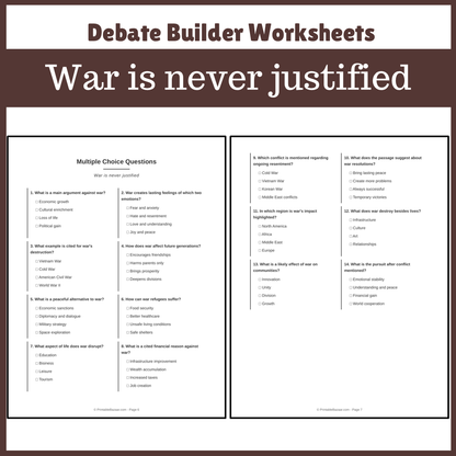 War is never justified | Favour and Against Worksheet Printable Activity