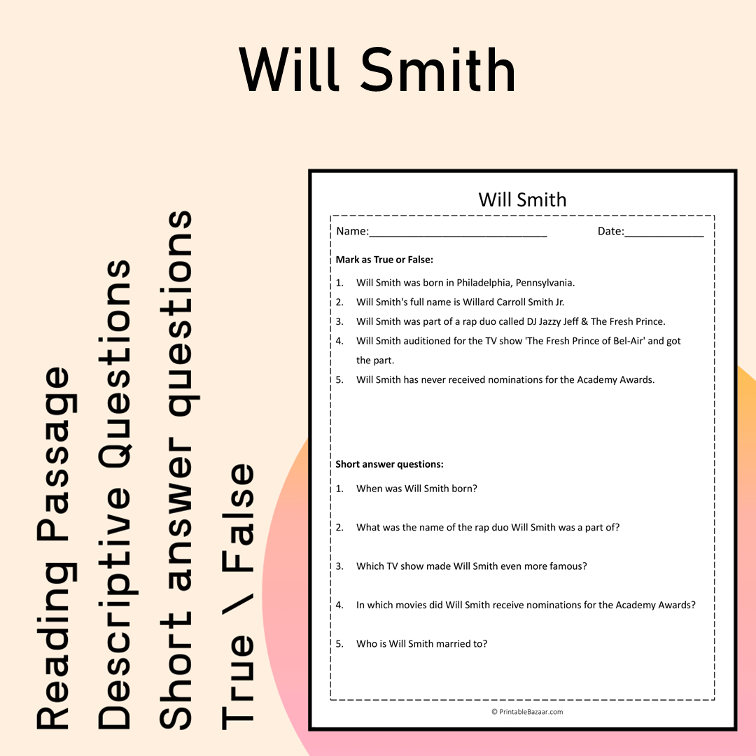 Will Smith | Reading Comprehension Passage Printable Activity