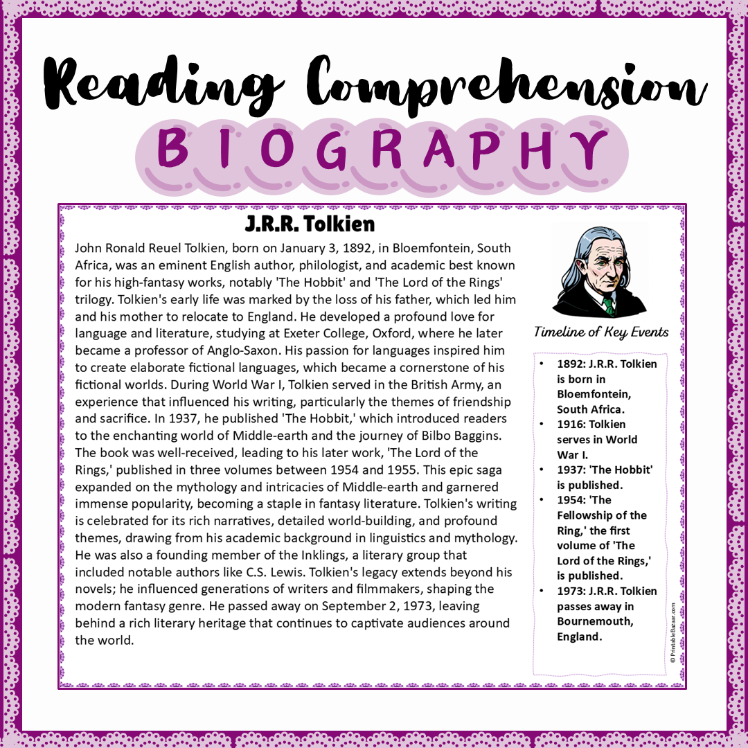 J.R.R. Tolkien | Biography Reading Comprehension and Questions Worksheet