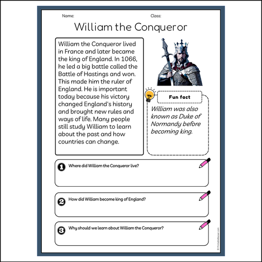 William the Conqueror | Reading Passage Comprehension Questions Writing Facts Worksheet