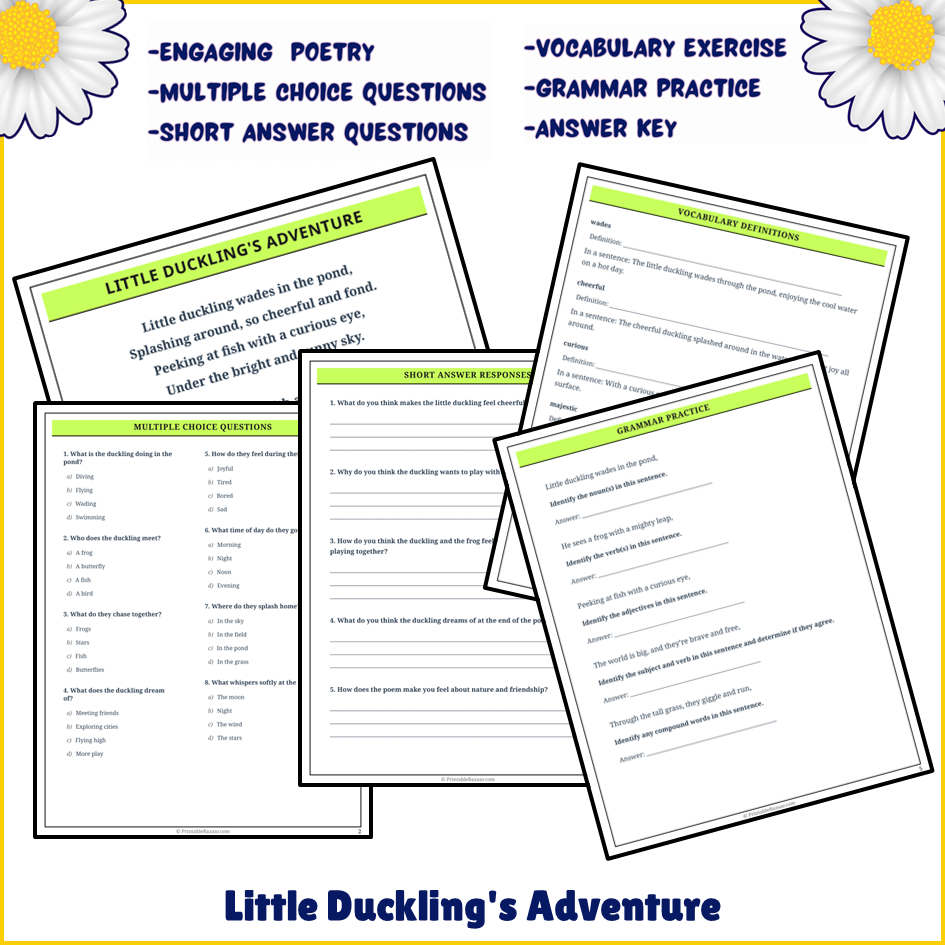 Little Duckling's Adventure | Poem Grammar Worksheet Printable Activity