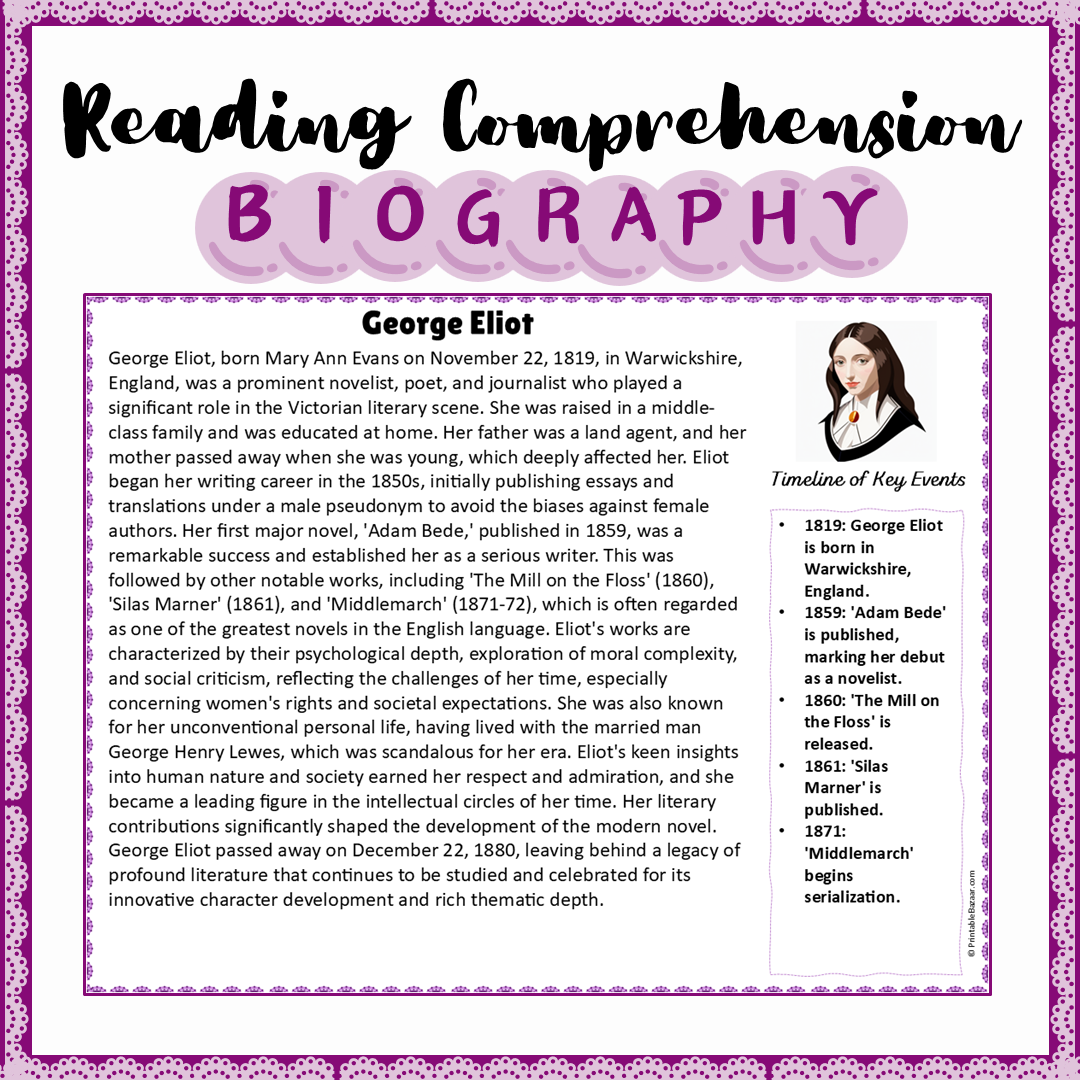 George Eliot | Biography Reading Comprehension and Questions Worksheet