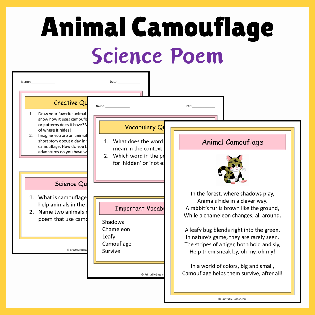 Animal Camouflage | Science Poem Reading Comprehension Activity