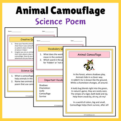 Animal Camouflage | Science Poem Reading Comprehension Activity