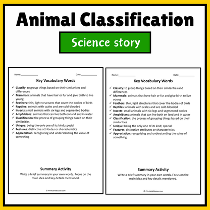 Animal Classification | Science Story Reading Comprehension Activity