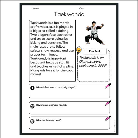 Taekwondo | Reading Passage Comprehension Questions Writing Facts Worksheet