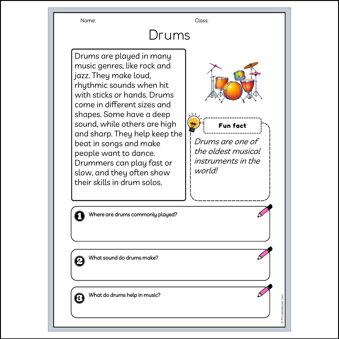 Drums | Reading Passage Comprehension Questions Writing Facts Worksheet