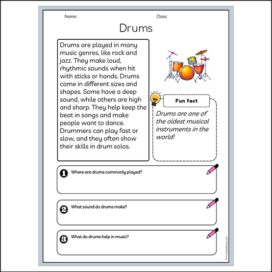 Drums | Reading Passage Comprehension Questions Writing Facts Worksheet