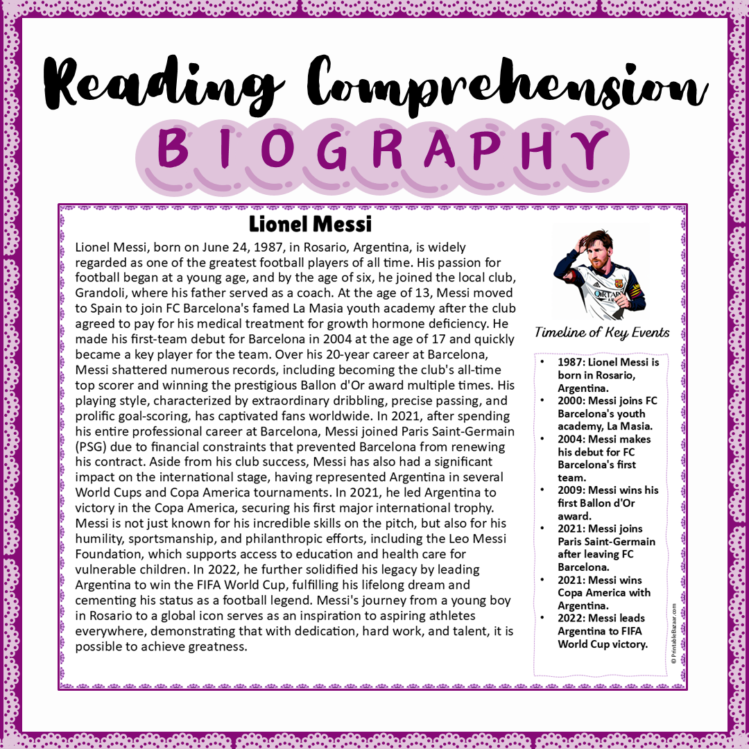 Lionel Messi | Biography Reading Comprehension and Questions Worksheet