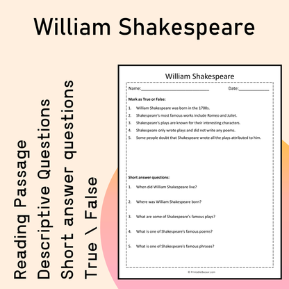 William Shakespeare | Reading Comprehension Passage Printable Activity