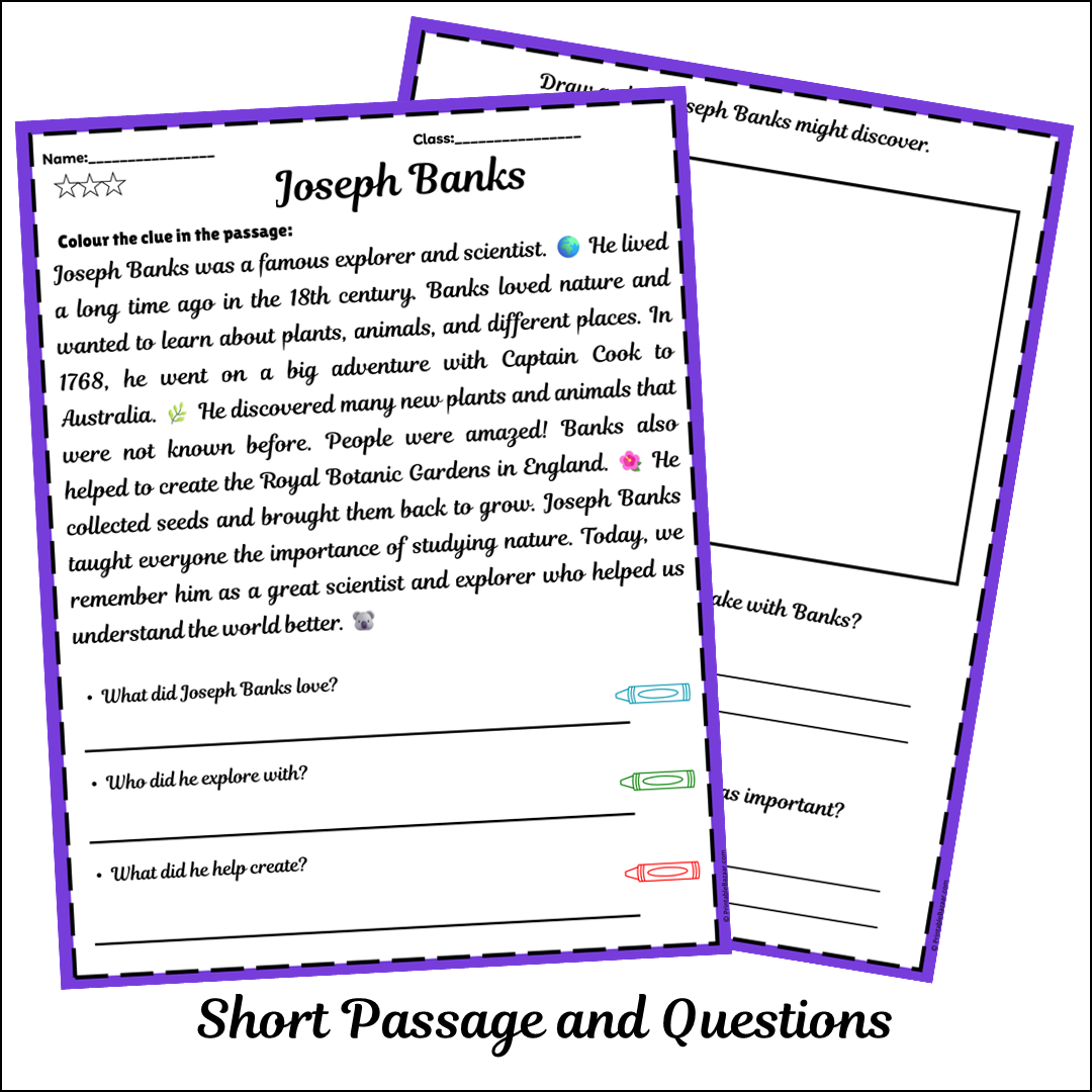 Joseph Banks | Short Reading Comprehension Creative Worksheet