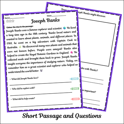 Joseph Banks | Short Reading Comprehension Creative Worksheet