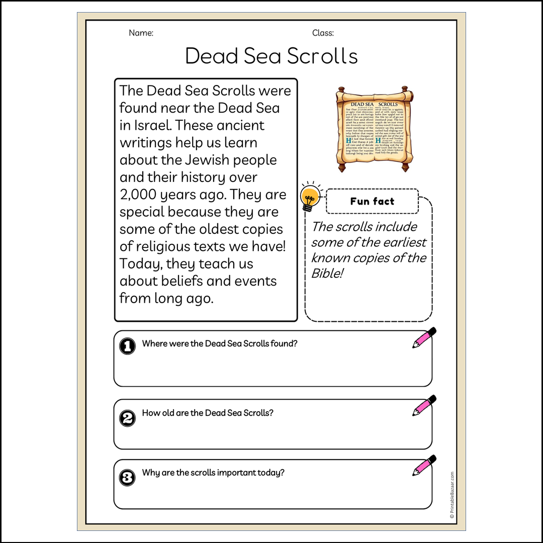 Dead Sea Scrolls | Reading Passage Comprehension Questions Writing Facts Worksheet