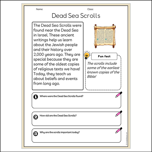 Dead Sea Scrolls | Reading Passage Comprehension Questions Writing Facts Worksheet