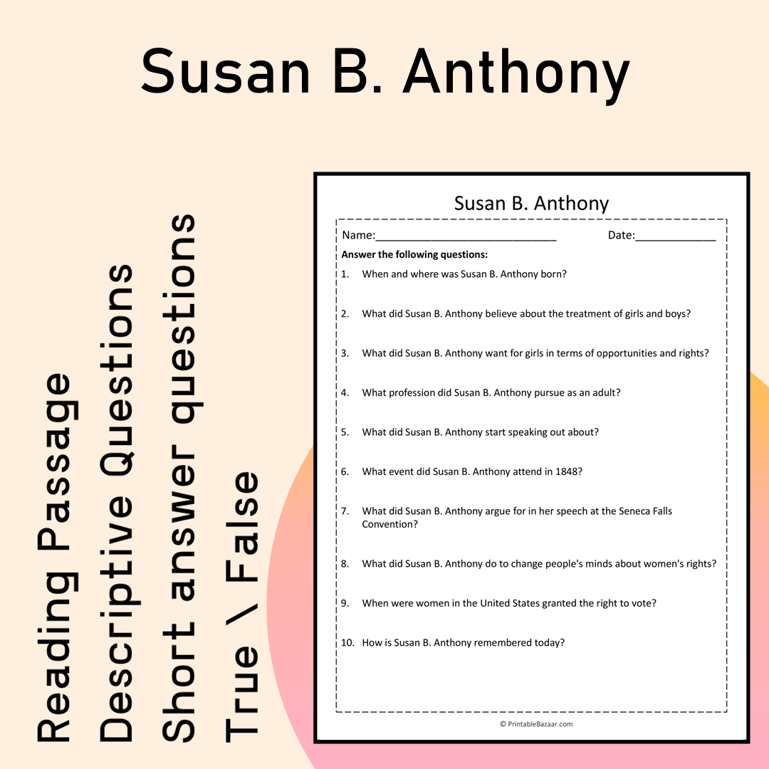 Susan B. Anthony | Reading Comprehension Passage Printable Activity