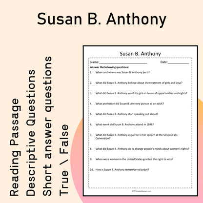Susan B. Anthony | Reading Comprehension Passage Printable Activity