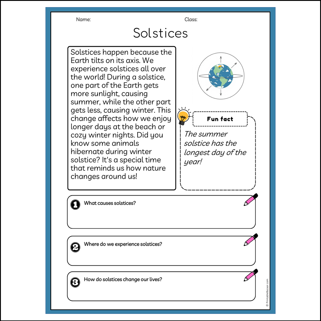 Solstices | Reading Passage Comprehension Questions Writing Facts Worksheet