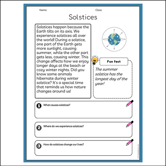 Solstices | Reading Passage Comprehension Questions Writing Facts Worksheet