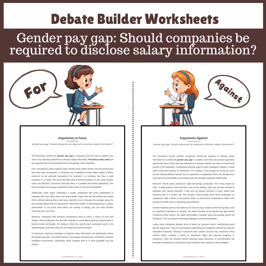Gender pay gap: Should companies be required to disclose salary information? | Favour and Against Worksheet Printable Activity