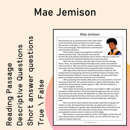 Mae Jemison | Reading Comprehension Passage Printable Activity