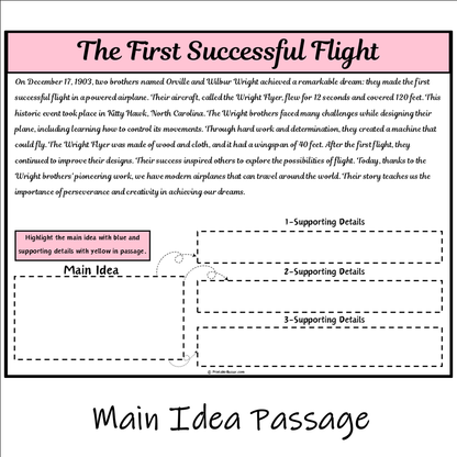 The First Successful Flight | Main Idea and Supporting Details Reading Passage and Questions