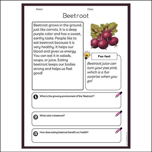 Beetroot | Reading Passage Comprehension Questions Writing Facts Worksheet