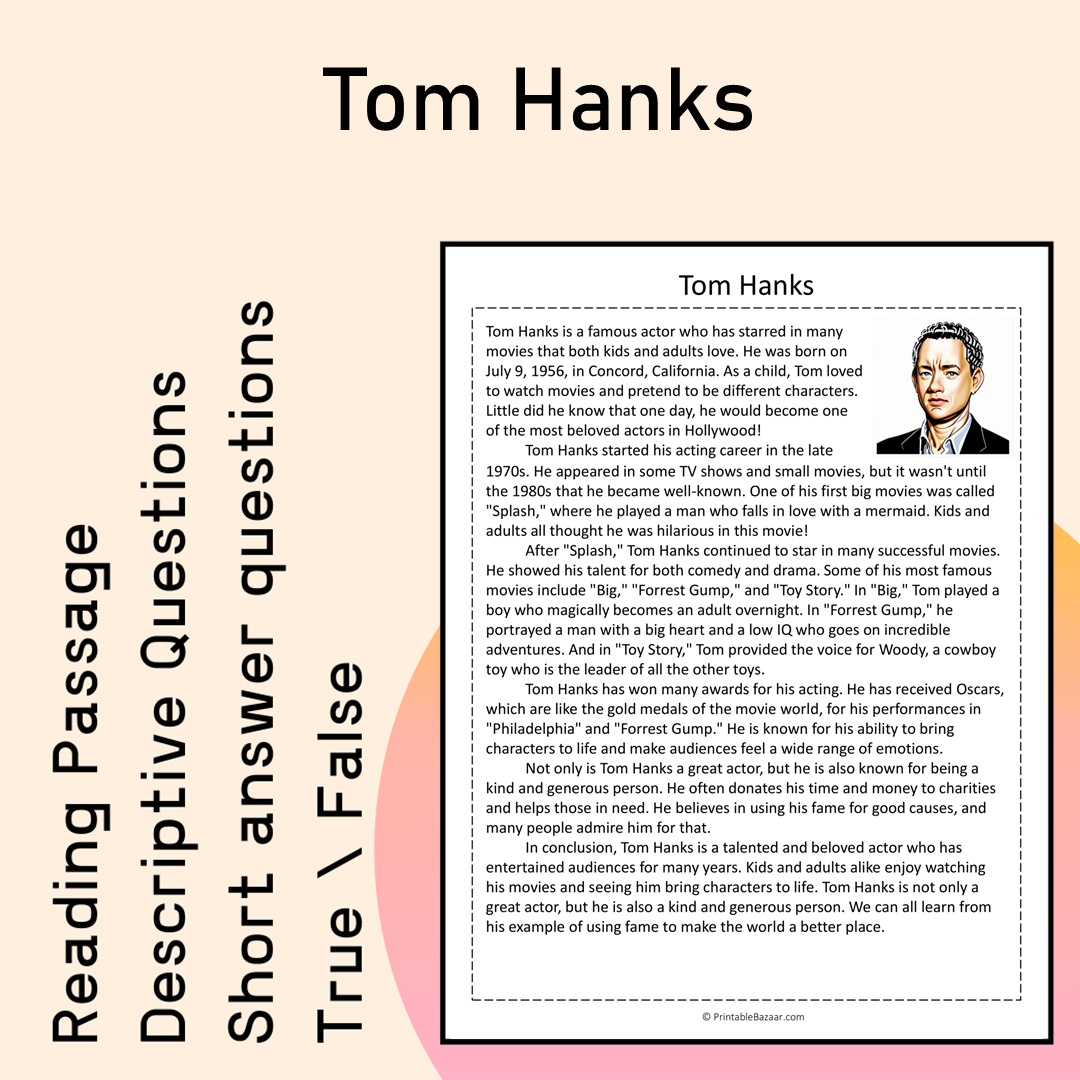 Tom Hanks | Reading Comprehension Passage Printable Activity