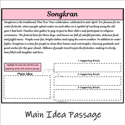 Songkran | Main Idea and Supporting Details Reading Passage and Questions