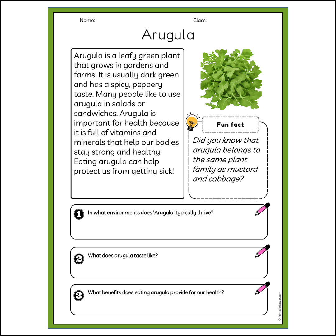 Arugula | Reading Passage Comprehension Questions Writing Facts Worksheet