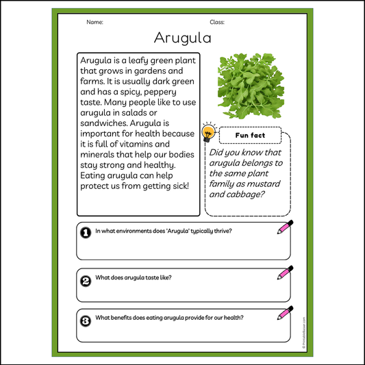 Arugula | Reading Passage Comprehension Questions Writing Facts Worksheet