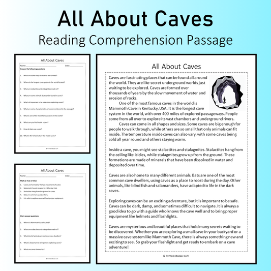 All About Caves | Reading Comprehension Passage Printable Worksheet