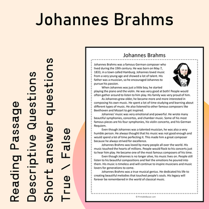 Johannes Brahms | Reading Comprehension Passage Printable Activity