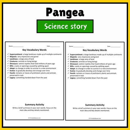 Pangea | Science Story Reading Comprehension Activity
