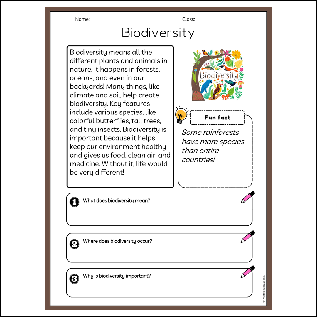 Biodiversity | Reading Passage Comprehension Questions Writing Facts Worksheet