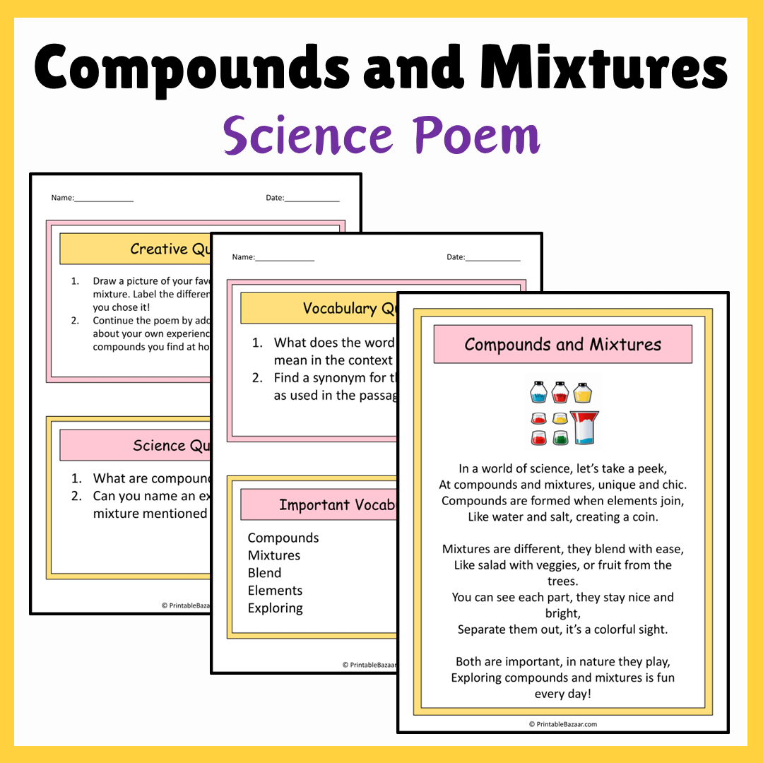 Compounds and Mixtures | Science Poem Reading Comprehension Activity