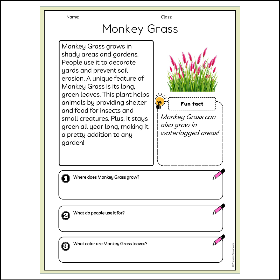 Monkey Grass | Reading Passage Comprehension Questions Writing Facts Worksheet