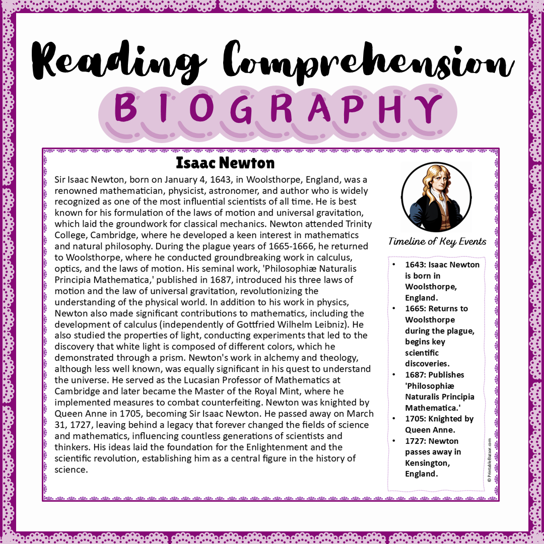 Isaac Newton | Biography Reading Comprehension and Questions Worksheet