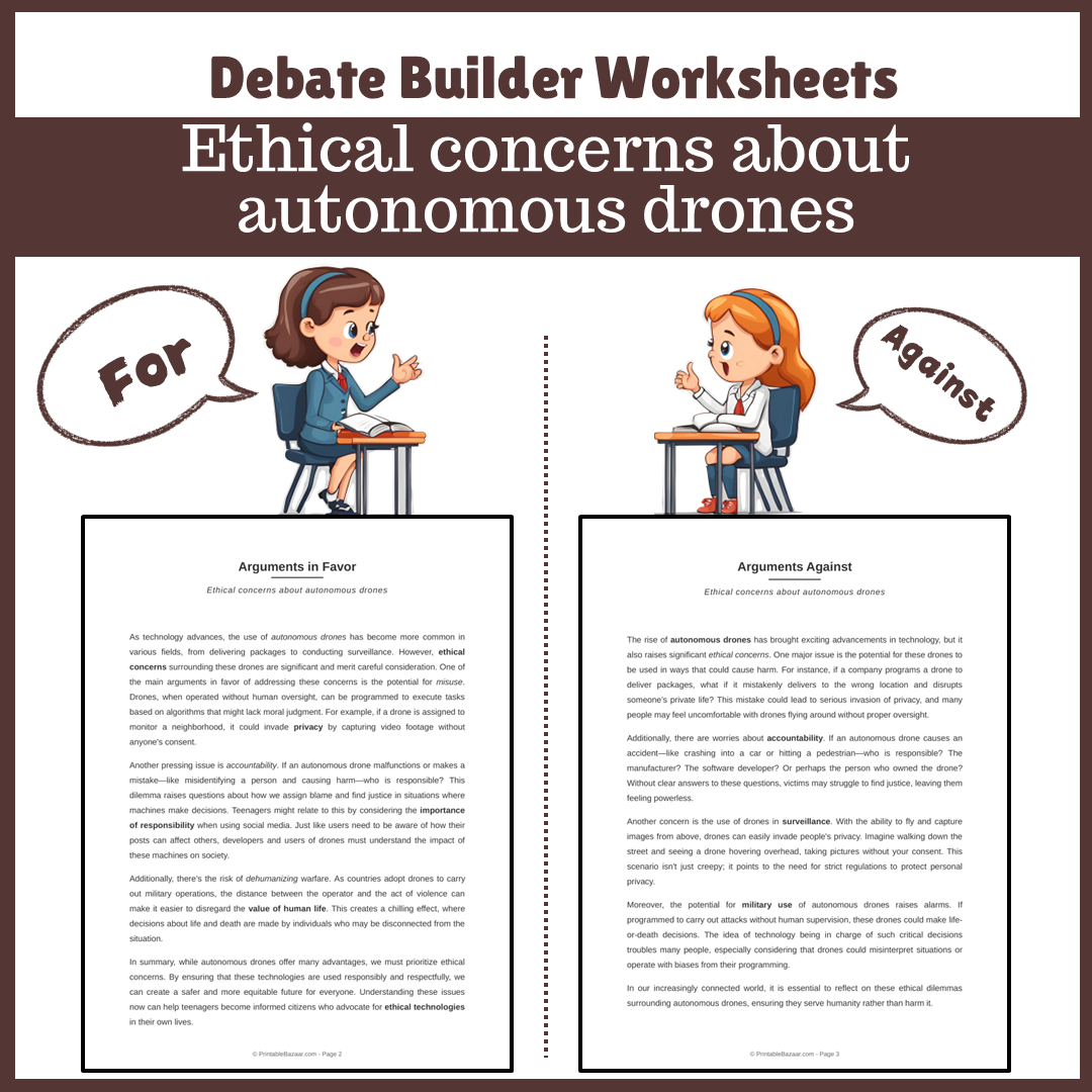 Ethical concerns about autonomous drones | Favour and Against Worksheet Printable Activity