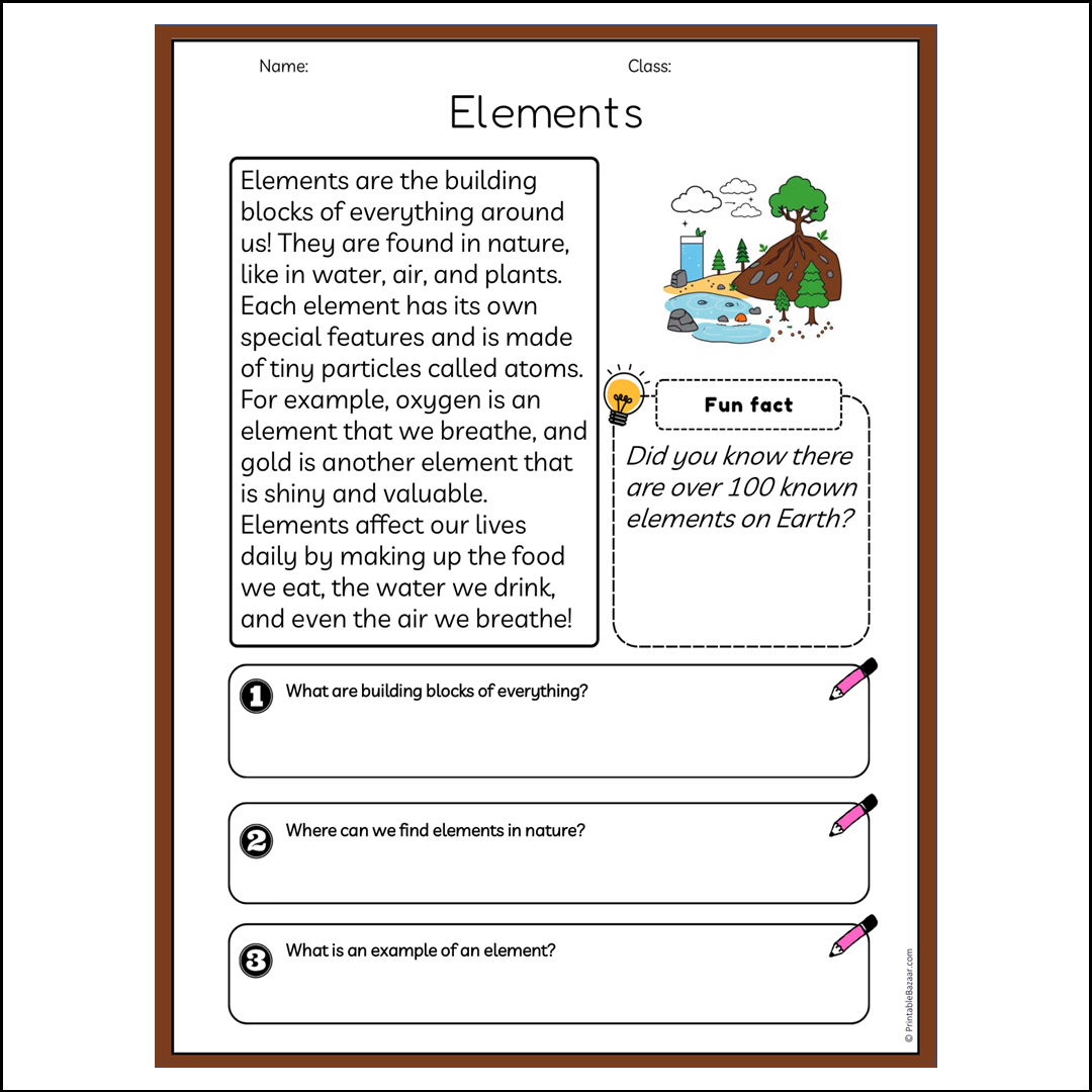 Elements | Reading Passage Comprehension Questions Writing Facts Worksheet