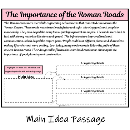 The Importance of the Roman Roads | Main Idea and Supporting Details Reading Passage and Questions