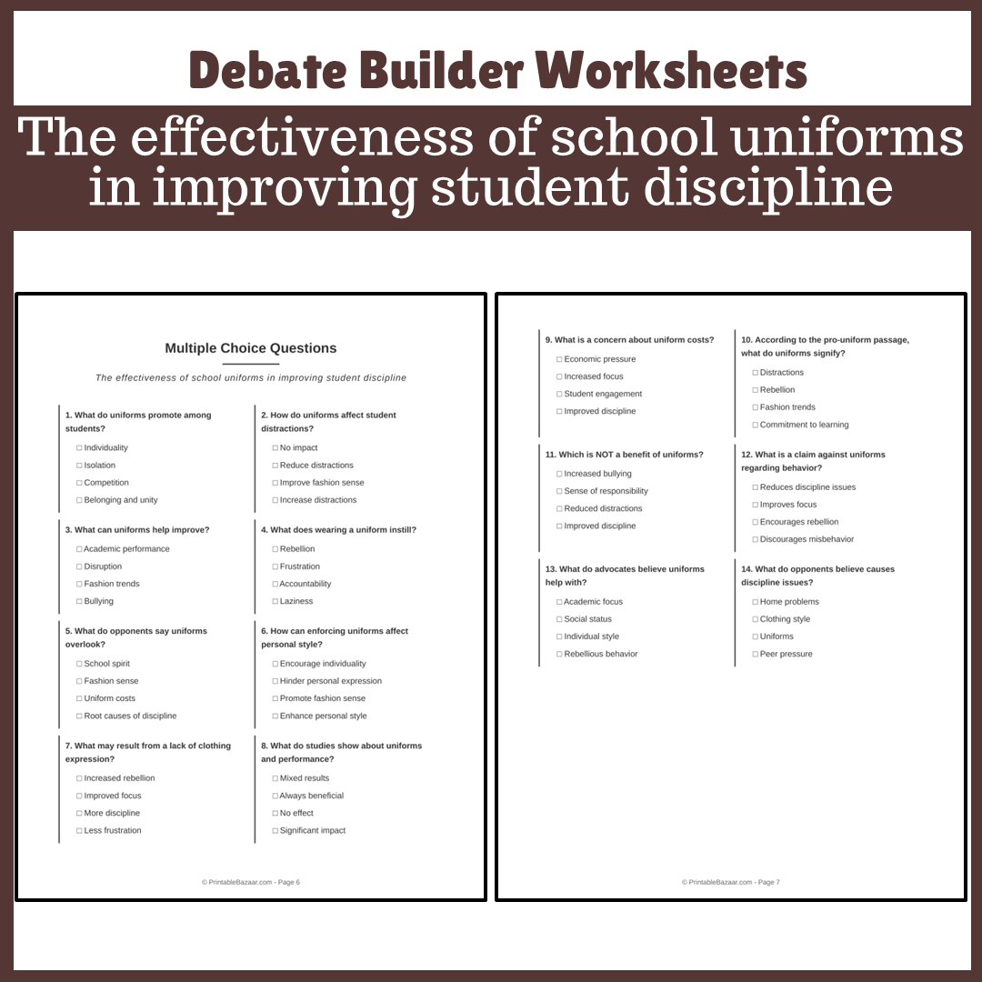 The effectiveness of school uniforms in improving student discipline | Favour and Against Worksheet Printable Activity