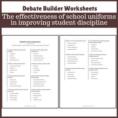 The effectiveness of school uniforms in improving student discipline | Favour and Against Worksheet Printable Activity