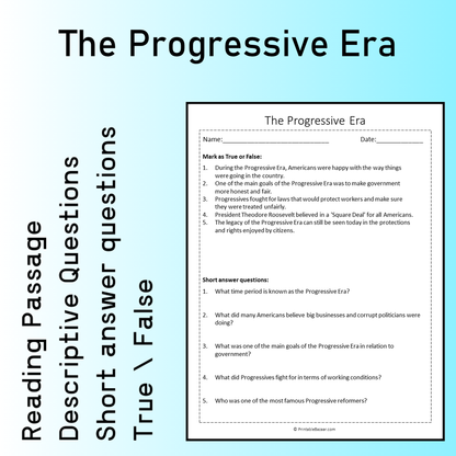 The Progressive Era | Reading Comprehension Passage Printable Worksheet