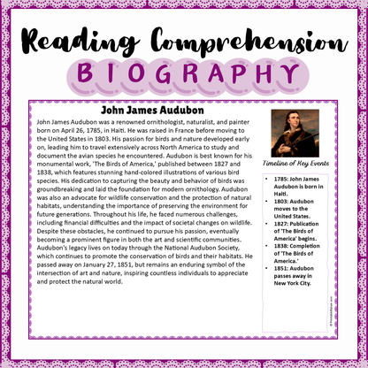 John James Audubon | Biography Reading Comprehension and Questions Worksheet