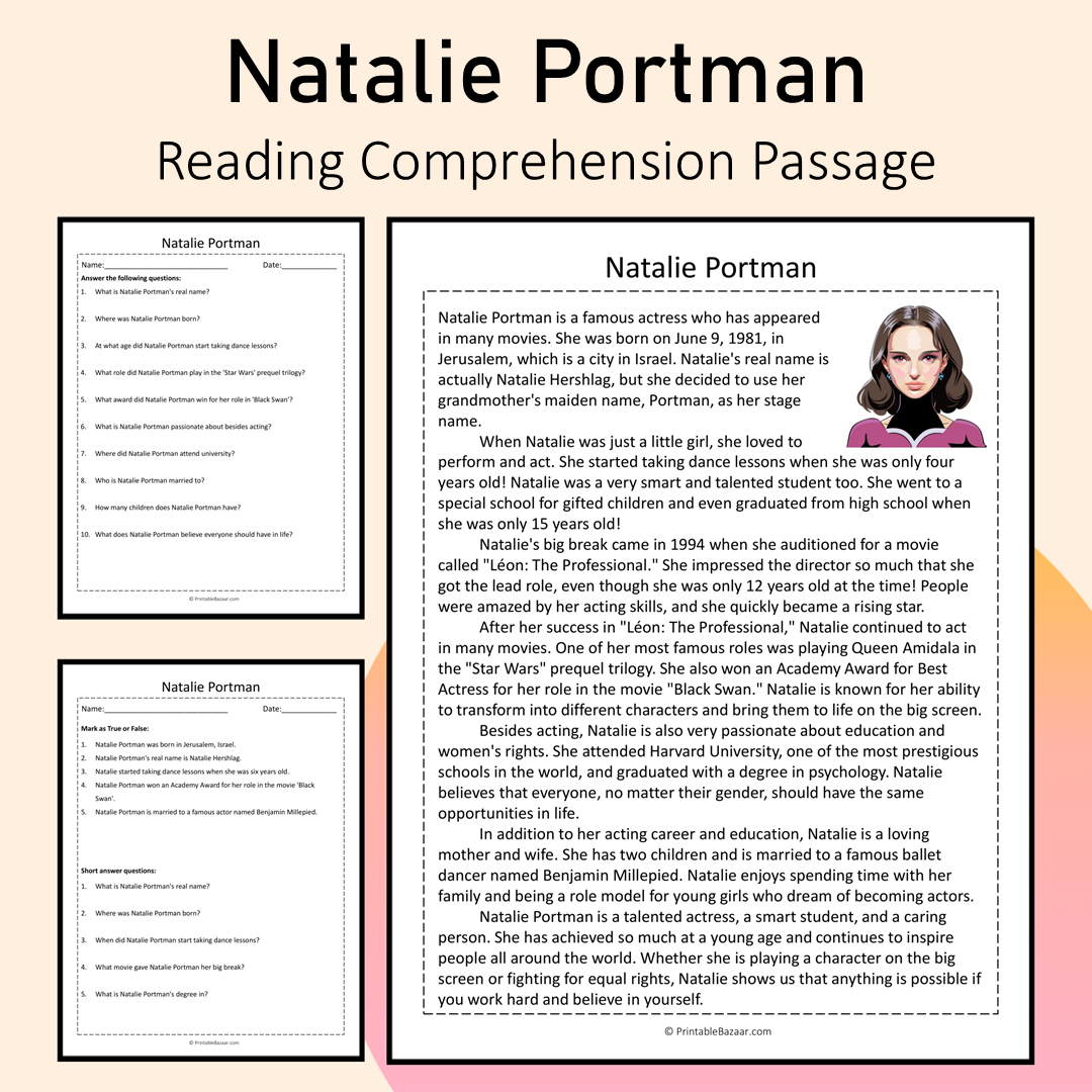 Natalie Portman | Reading Comprehension Passage Printable Activity