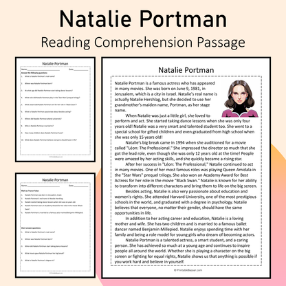 Natalie Portman | Reading Comprehension Passage Printable Activity