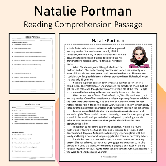 Natalie Portman | Reading Comprehension Passage Printable Activity
