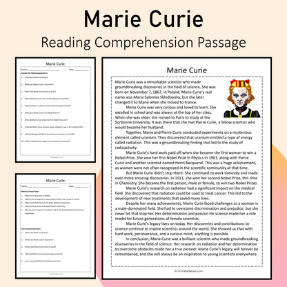 Marie Curie | Reading Comprehension Passage Printable Activity